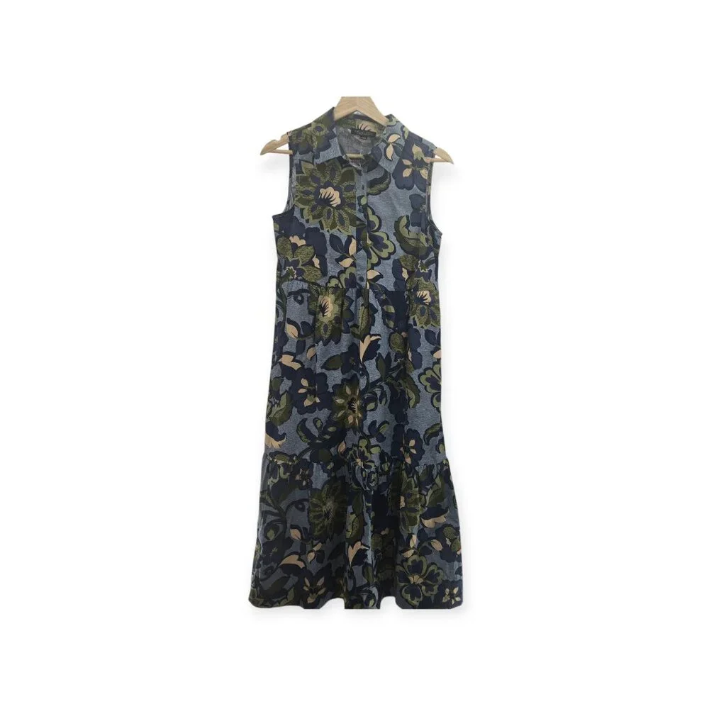 Rachel Zoe Blue Green Cotton Floral Collared Maxi Dress NWOT Size XS